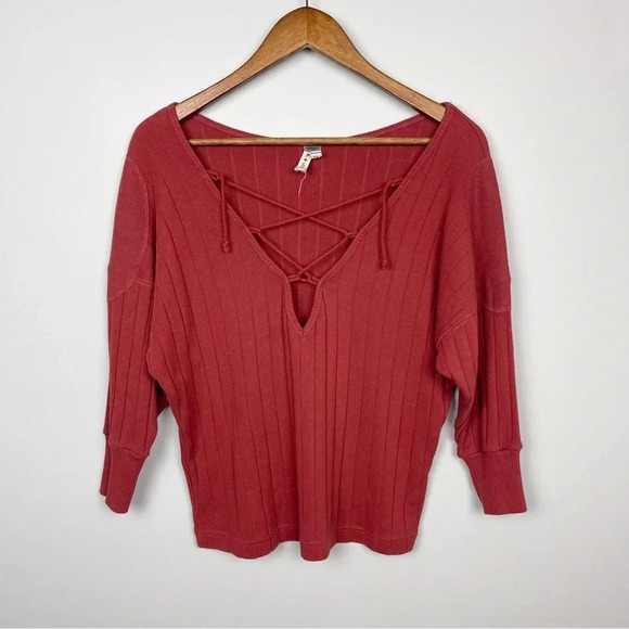 Free People Burnt Orange Ribbed Lace Up Top - Picture 2 of 6